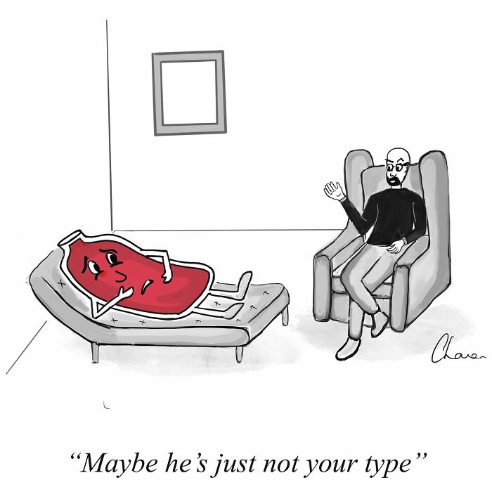 One-panel comic showing a steak on a therapist couch with a therapist discussing humor in today's world.