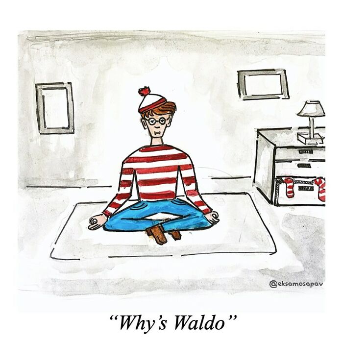 One-panel comic showing a man in red and white stripes meditating in a room, capturing humor in today’s world.