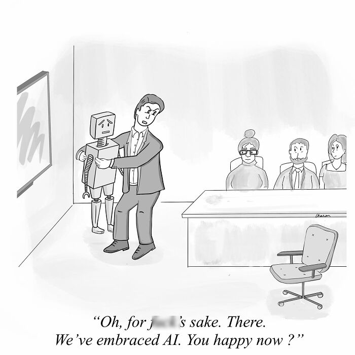 Man presenting a robot during a meeting, humorously highlighting AI in one-panel comics about today's world.