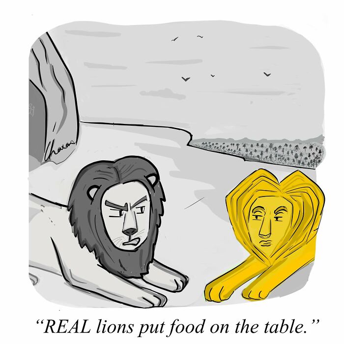 One-panel comic showing two lions, one realistic and one stylized, illustrating humor in today’s world.