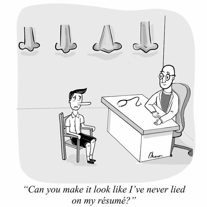 Man with a long nose sitting in a doctor's office asking to fix his lying, one-panel comics humor in today's world.