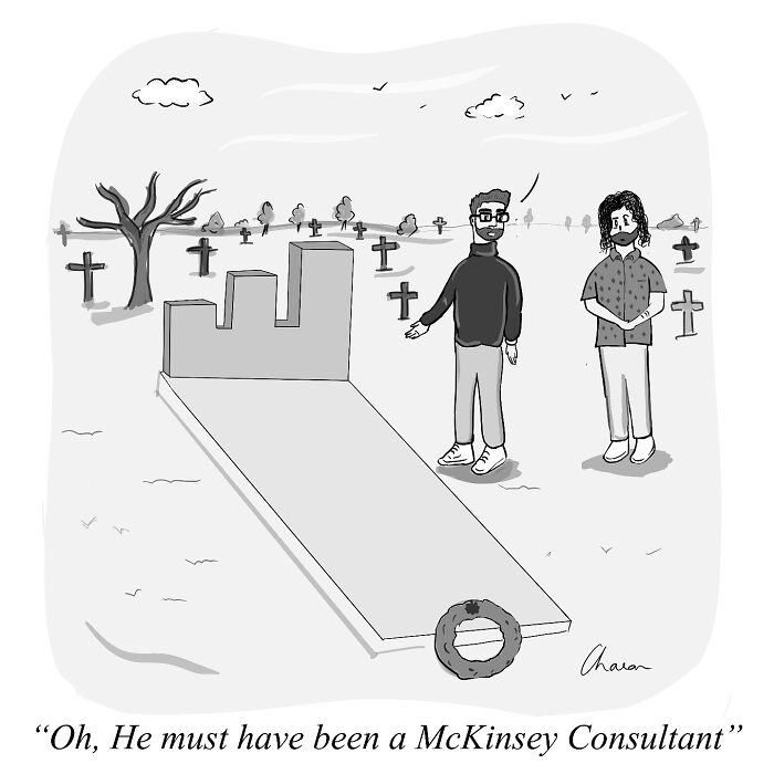 Two men in a cemetery stand by a grave shaped like a bar chart, a one-panel comic nailing humor in today's world.