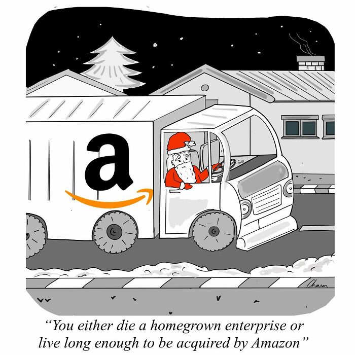 Santa driving an Amazon delivery truck in a one-panel comic capturing humor in today’s world with a snowy night backdrop.