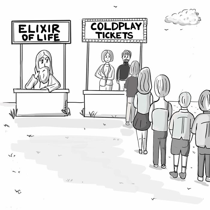 Line of people choosing Coldplay tickets over Elixir of Life stand, humorous one-panel comic on today’s world.
