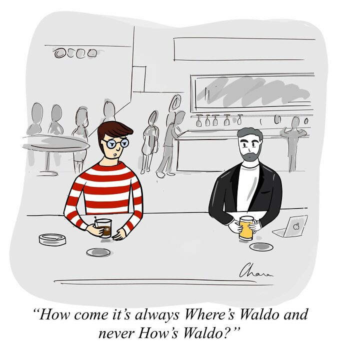 Two men sitting at a bar with drinks, one wearing a striped shirt, in a one-panel comic humor about today's world.