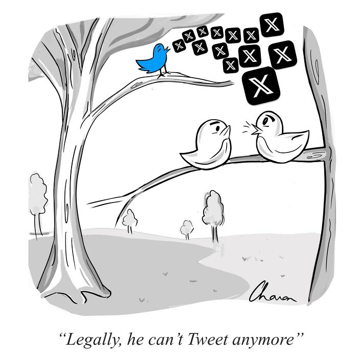 Cartoon of birds on tree branches illustrating humor about legal limits on tweeting in one-panel comics.