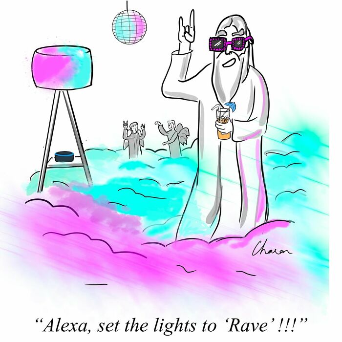 One-panel comic showing a bearded man in sunglasses at a colorful rave with an Alexa smart speaker.