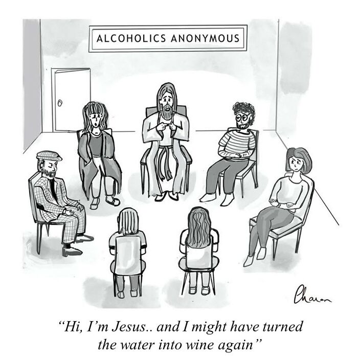 One-panel comic showing Jesus in an Alcoholics Anonymous meeting, using humor relevant to today's world.