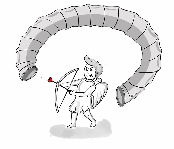 Cartoon of a cupid aiming a heart-shaped arrow at a large curved duct, one-panel comics humor in today’s world concept.
