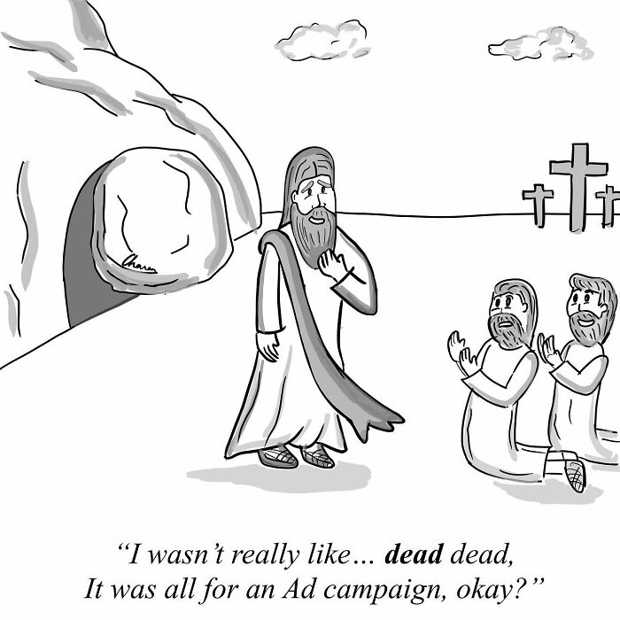 Black and white one-panel comic showing a biblical scene with humor reflecting on today’s world and advertising campaigns.