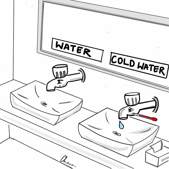 One-panel comic showing two sinks labeled water and cold water, highlighting humor in today’s world.