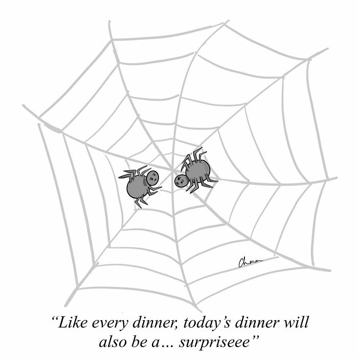 One-panel comic featuring two spiders on a web humorously capturing everyday surprise in today’s world.