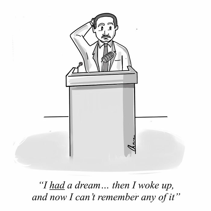 Man at podium scratching head in a one-panel comic illustrating humor in today's world through a forgotten dream.