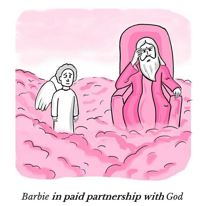One-panel comic showing God and an angel in pink clouds, humorously depicting Barbie in partnership with God.