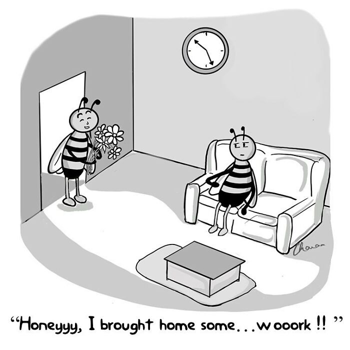 One-panel comic showing two bees in a living room, one bringing flowers, illustrating humor in today’s world.