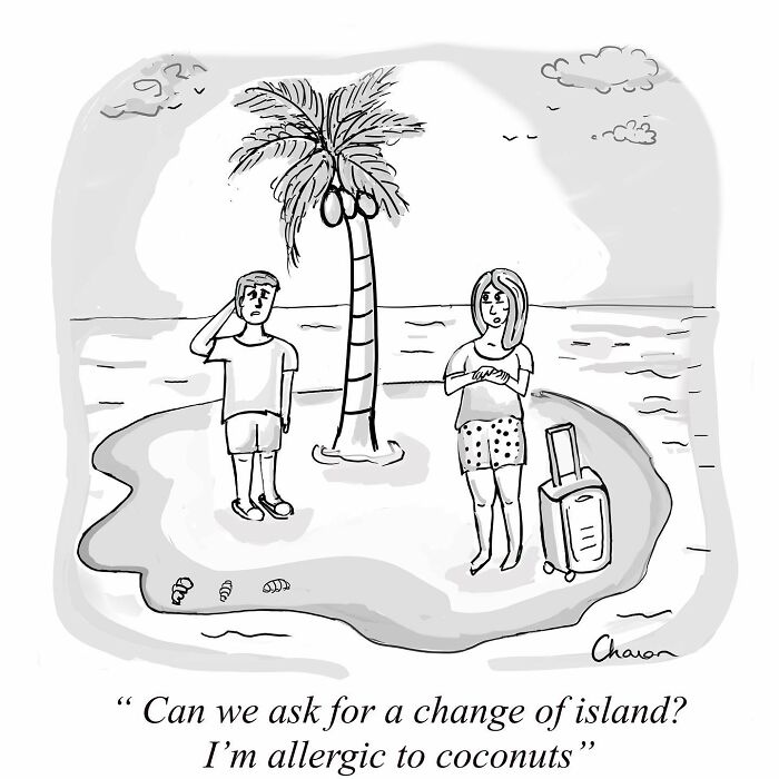 One-panel comic shows two people on a small island with a palm tree, highlighting humor in today’s world.
