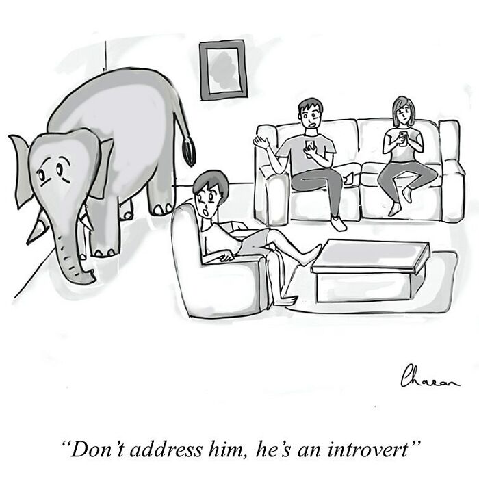 One-panel comic depicting humor with an elephant in a living room ignored as an introvert by three people.