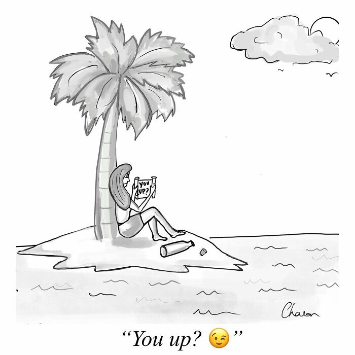 Woman on a tiny island under a palm tree reading a message in a bottle in a one-panel comic about humor today.
