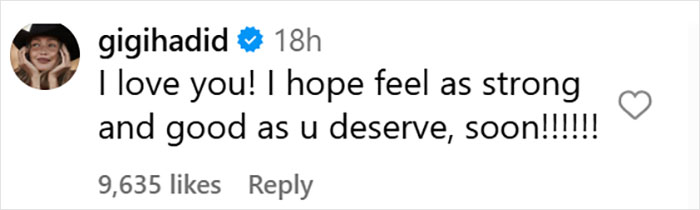 Comment from Gigi Hadid expressing love and support for Bella Hadid after hospital photos revealing years of invisible suffering. Comment from Gigi Hadid expressing love and support for Bella Hadid after hospital photos revealing years of invisible suffering.