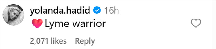 Comment from Yolanda Hadid mentioning Lyme warrior in response to Bella Hadid’s hospital photos revealing invisible suffering. Comment from Yolanda Hadid mentioning Lyme warrior in response to Bella Hadid’s hospital photos revealing invisible suffering.