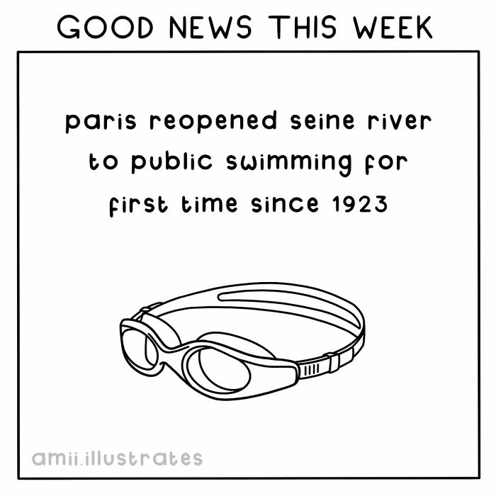 Good news illustration about positive world events showing swimming goggles and reopening of Seine River for swimming.