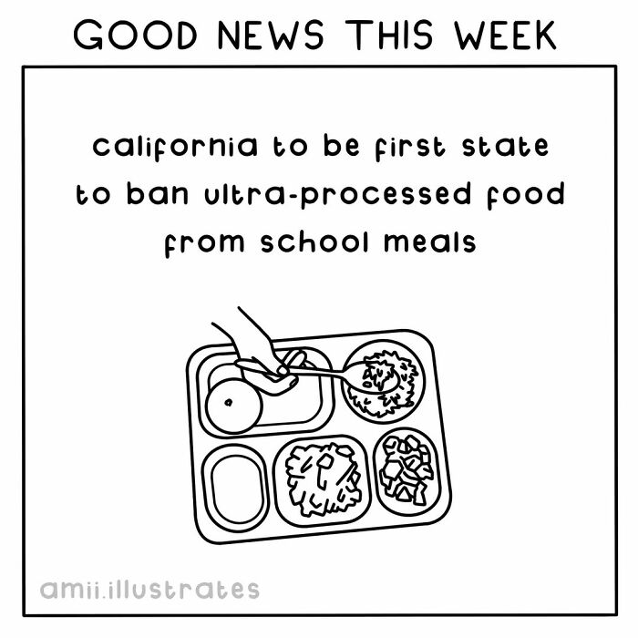 Good news illustration showing California banning ultra-processed food from school meals, promoting positive change.