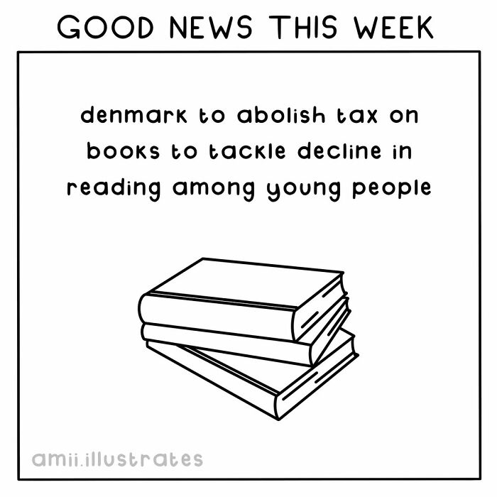 Stack of books illustration with text about Denmark abolishing tax on books to encourage reading among youth, positive news.