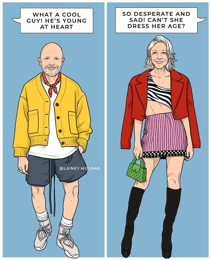 Illustration by Lainey Molnar showing age and gender stereotypes challenging societal expectations of women and men.