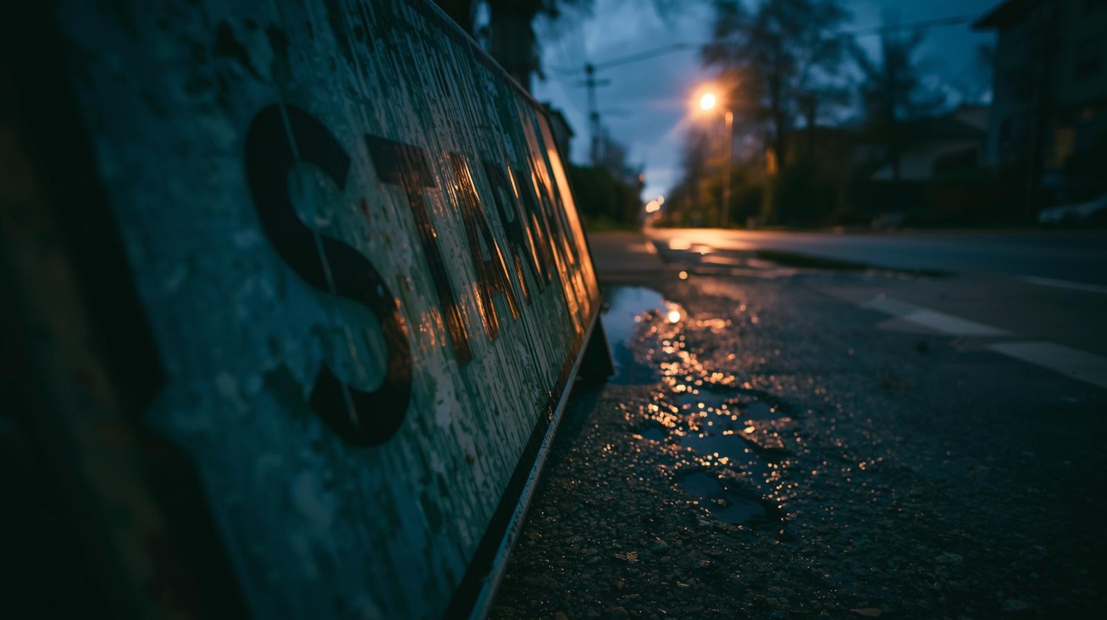 Rusty street sign on wet pavement at dusk captures funny and strange things noticed on walks in quiet neighborhood.