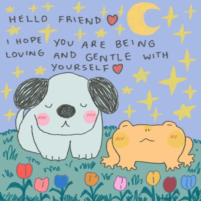 Wholesome illustration of a dog and frog under stars with a loving message, evoking warmth and kindness.