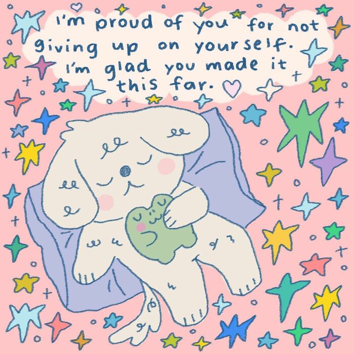 Wholesome illustration of a dog hugging a frog surrounded by colorful stars with an encouraging message.