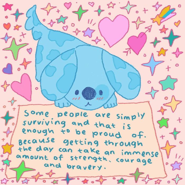 Wholesome illustration of a blue dog surrounded by colorful hearts and stars holding an inspiring handwritten message.