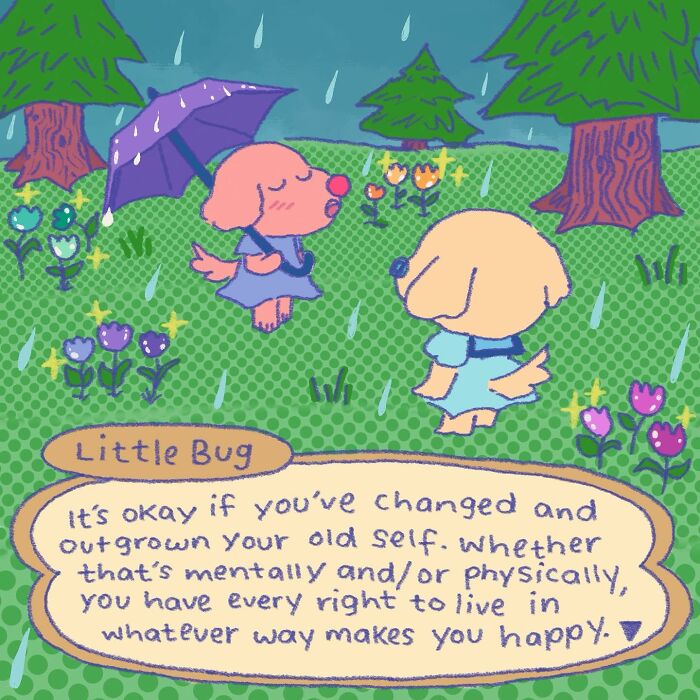 Wholesome illustration of two dogs in the rain with an encouraging message about change and happiness.