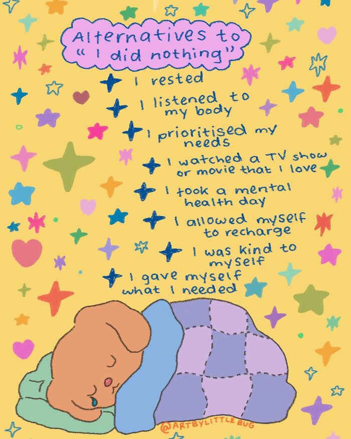 Wholesome illustration showing self-care alternatives to feeling guilty, featuring a sad character resting under a patchwork quilt.