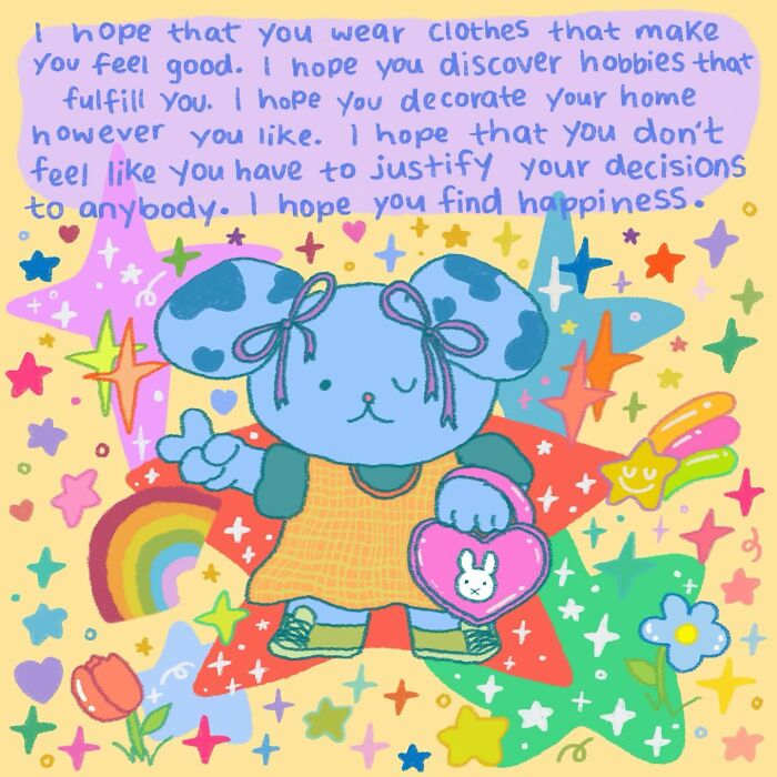 Wholesome illustration of a blue character surrounded by colorful stars, rainbows, and positive handwritten text.