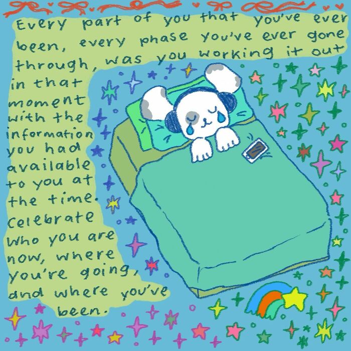 Illustration of a comforting character in bed surrounded by colorful stars and inspiring handwritten text, wholesome art style.