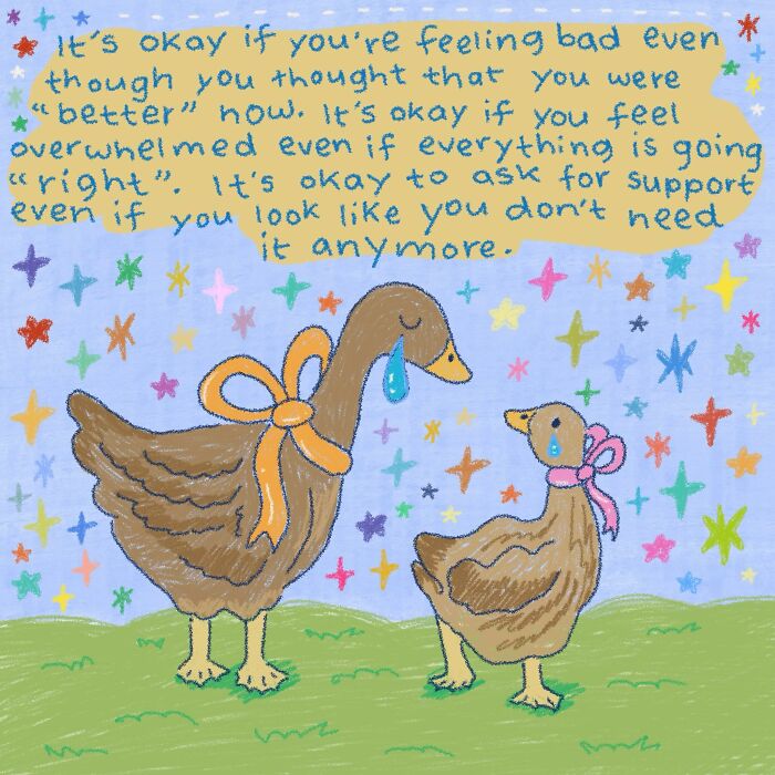 Wholesome illustration of two crying ducks with bows, surrounded by colorful stars and comforting handwritten text.