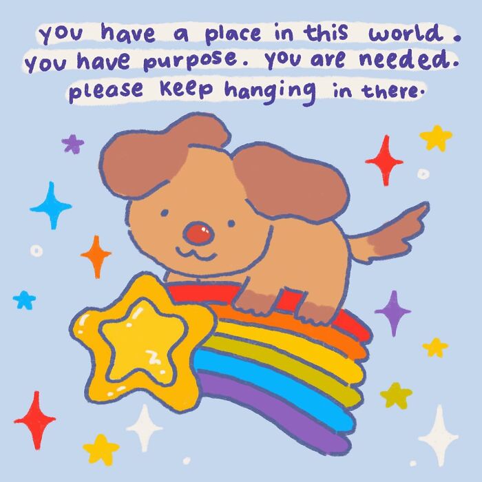 Wholesome illustration of a happy dog on a rainbow with stars, conveying a warm hug and encouraging message.