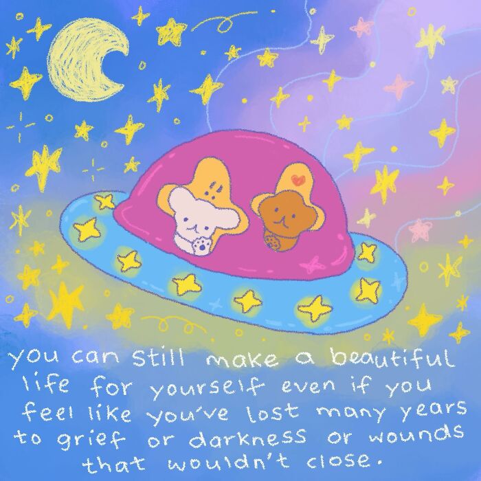 Wholesome illustration of two bears in a colorful spaceship with stars and a comforting handwritten message.