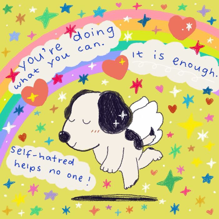 Wholesome illustration of a flying dog with encouraging messages surrounded by colorful stars and hearts.