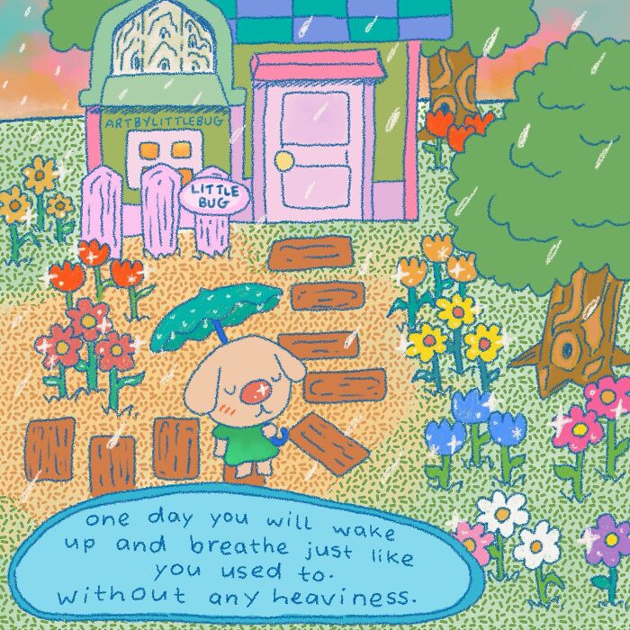 Wholesome illustration of a dog with an umbrella in a colorful garden, conveying warmth and lighthearted comfort.