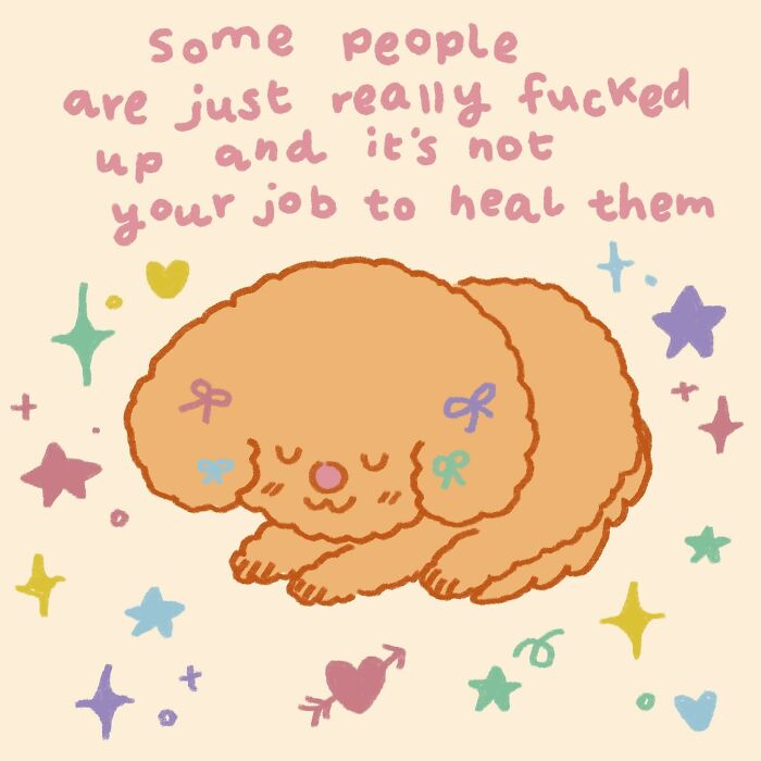 Wholesome illustration of a sleeping dog with bows surrounded by colorful stars and hearts, evoking a warm hug feeling.