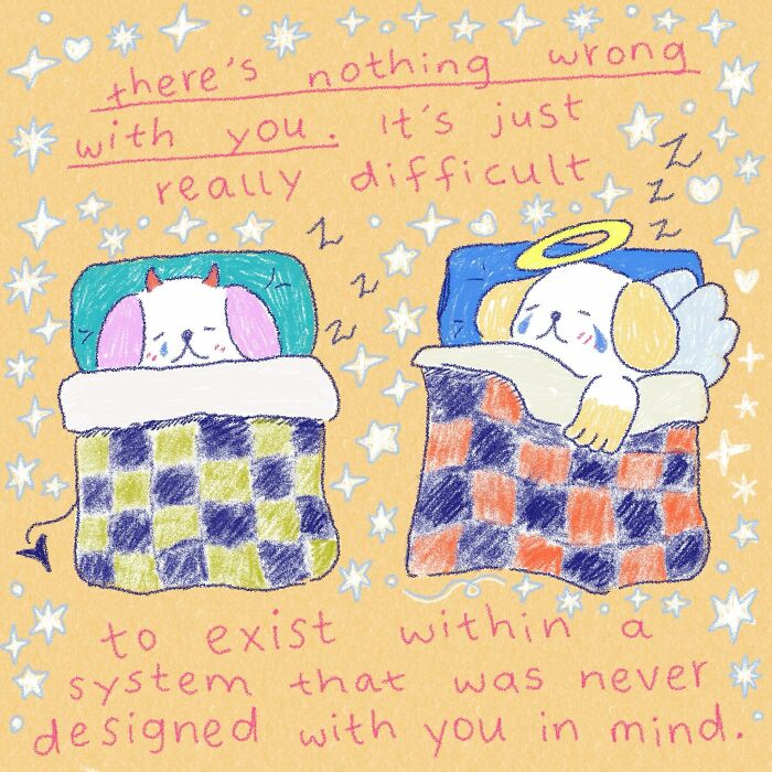 Wholesome illustrations featuring comforting characters with supportive messages that feel like a warm hug and peaceful rest.