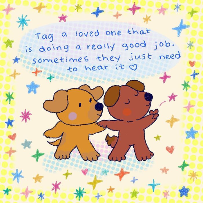 Two wholesome illustrated dogs holding hands surrounded by colorful stars, conveying warmth and encouragement.
