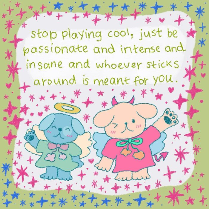 Wholesome illustration of two cute dogs with wings and halo, surrounded by colorful stars and an uplifting message.