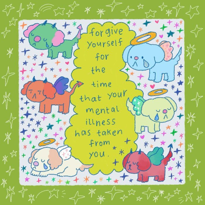 Wholesome illustration of crying angel dogs with a message about mental illness in a colorful starry frame.