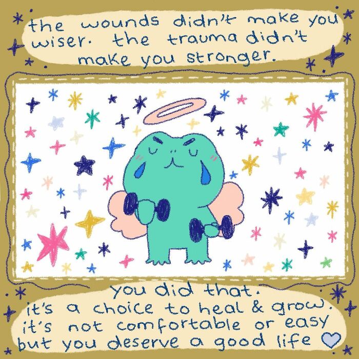 Wholesome illustration of a frog angel lifting weights with encouraging words, evoking warmth and healing support.