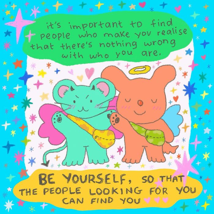 Wholesome illustration of a mouse and bear with angel wings spreading a message about being yourself and acceptance.