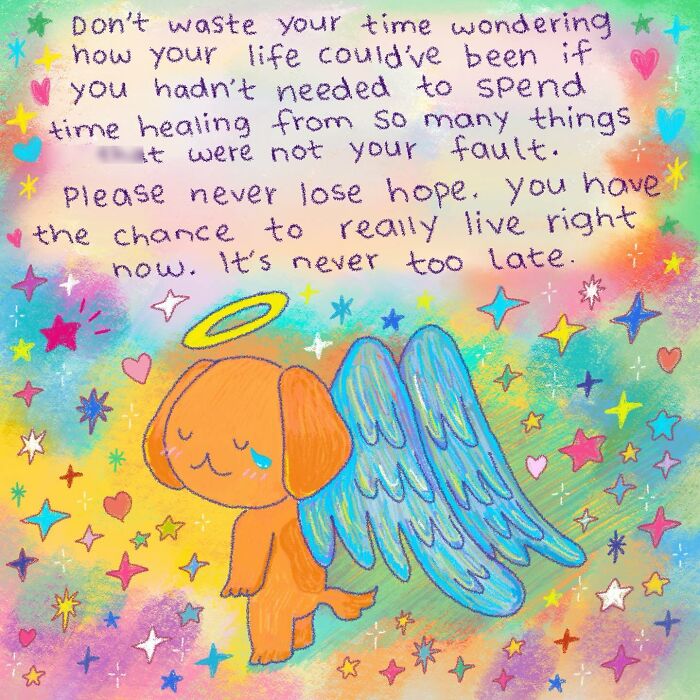 Wholesome illustration of an angelic dog with wings and a halo, surrounded by colorful stars and hearts.