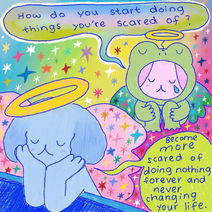 Wholesome illustration of two angelic characters with halos and colorful starry background conveying a comforting message.